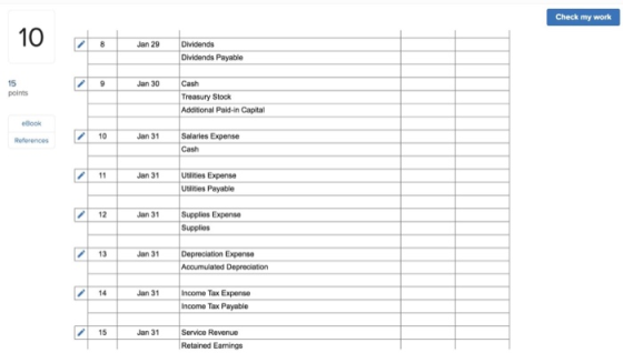 Check my work 10 Dividends Dividends Payable 8 Jan 29 15 Cash Treasury Stock Additional Paid-in Capital Jan 30 points eBook S