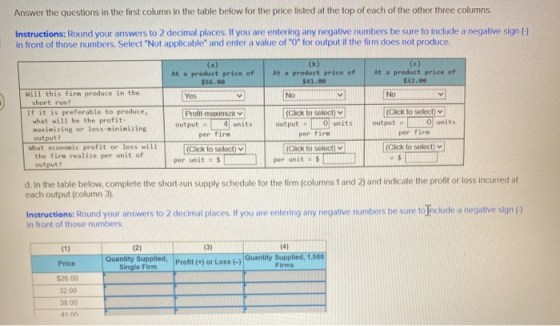 Answer the questions in the first column in the table below for the price listed at the top of each of the other three column