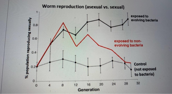 Worm reproduction (asexual vs. sexual) exposed to evolving bacteria exposed to non- evolving bacteria % population reproducin