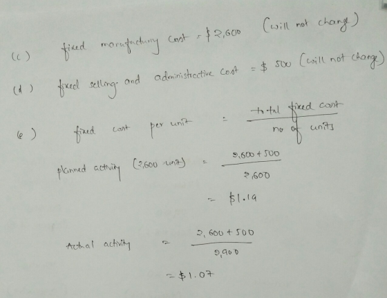 (will not change) (6) fixed marufacturing Cost = $2,600 administractive cost = $ 500 (will not change) and (d) fixed selling