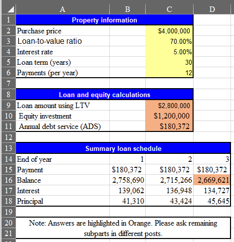 В с D Property information 2 Purchase price 3 Loan-to-value ratio 4 Interest rate 5 Loan term (years) 6 Payments (per year) $