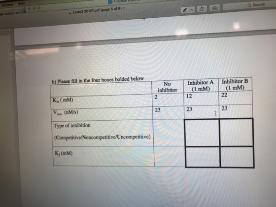 Window Help Prac Exam2 2012F pdf (page 5 of 8) v Q Search h) Please fill in the four boxes bolded below No |Inhibitor Allnhibitor BI inhibitor (mM)I mM) KM (mM) 12 23 23 23 Type of inhibition Competitive/Noncompetitive/Uncompetitive) K; (mM)