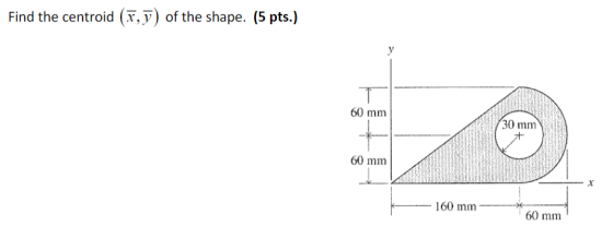 Find the centroid (x, y) of the shape. (5 pts.) 60 mm 30 m 60 mm 160 mm 60 mm