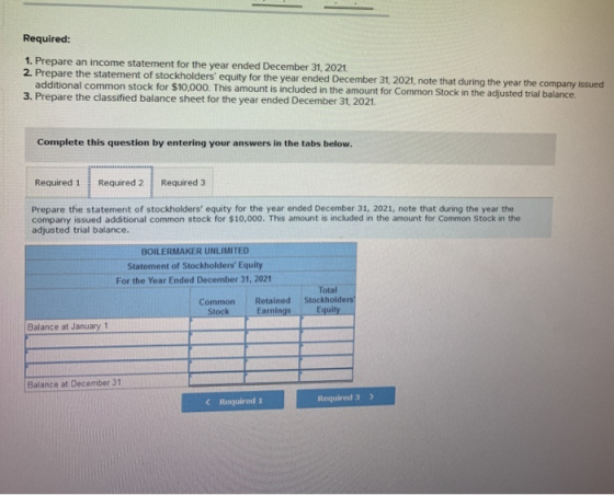 Required: 1. Prepare an income statement for the year ended December 31, 2021 2. Prepare the statement of stockholders equit
