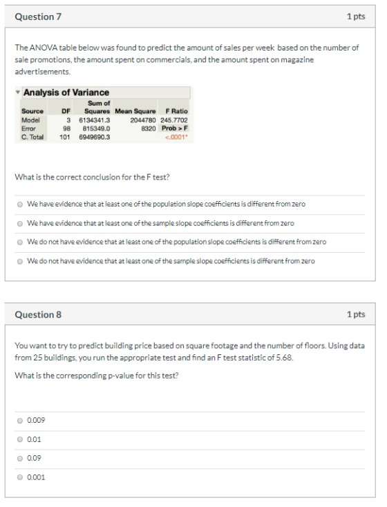 Question 7 1 pts The ANOVA table below was found to predict the amount of sales per week based on the number of sale promotio