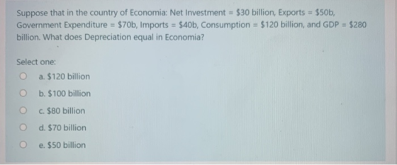 Suppose that in the country of Economia: Net Investment = $30 billion, Exports = $50b, Government Expenditure = $70b, Imports