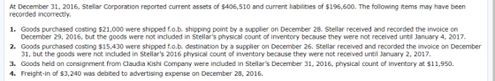 At December 31, 2016, Stellar Corporation reported current assets of $406,510 and current liabilities of $196,600. The follow
