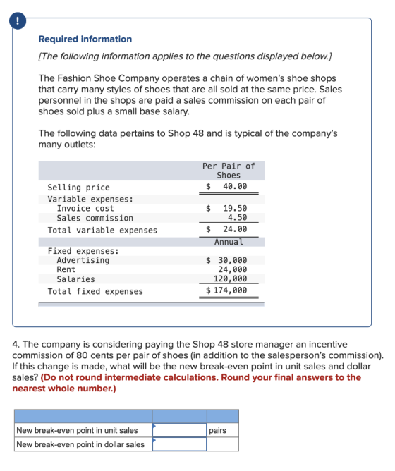 Required information [The following information applies to the questions displayed below.) The Fashion Shoe Company operates