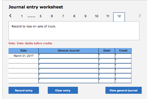 Journal entry worksheet < 1 ..... 5 6 7 you to con 8 9 10 11 12 Record to loss on sale of truck. Note: Enter debits before cr