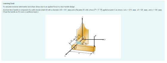 Learning Goal: To calculate torsional deformation and shear stress due to an applied force in a door handle design. A locked