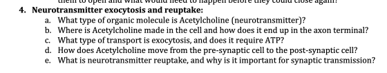 спепси оpеп апа Wпас wоити пеен со паррепUетоге стеу соити cose aga: 4. Neurotransmitter exocytosis and reuptake: a. What typ