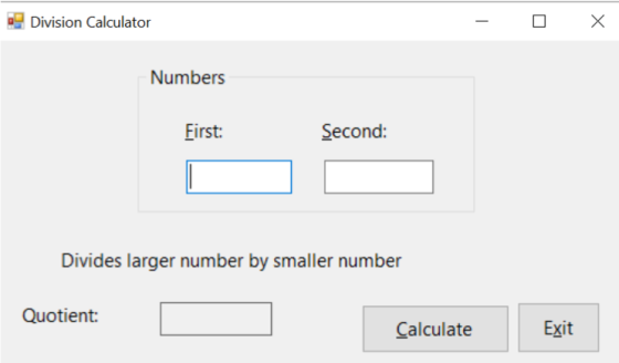 Division Calculator Numbers First: Second: Divides larger number by smaller number Quotient Calculate Exit