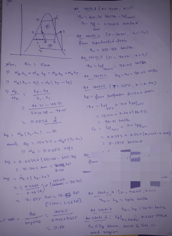 7 At state & (P= 20 psi, a = 1) hi - 605.76 bullb = hal popsi S] 1.3687 bolur Si- zopsi 2. on A+ 8 A state 2 (p=gopsi, isi=S2