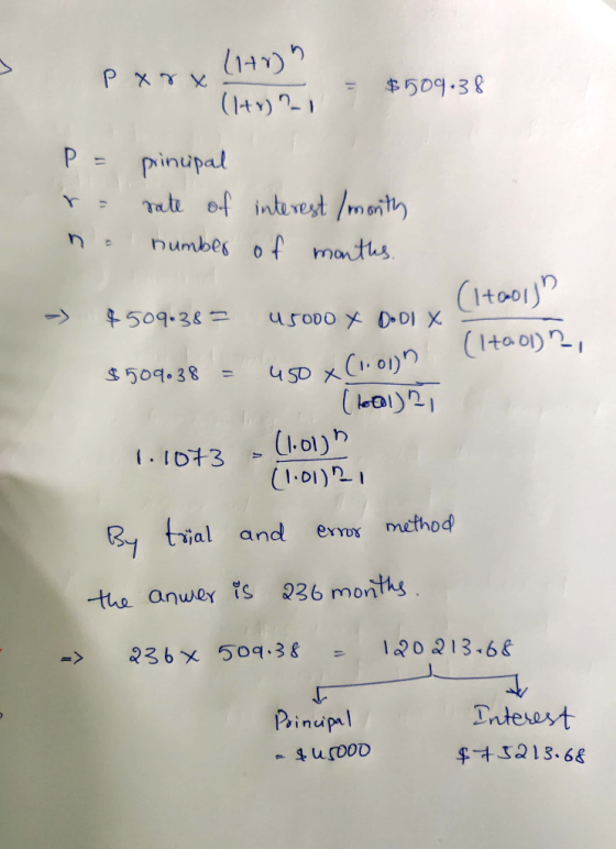 paru (14) (ton = $509.38 P = prinupal re rate of interest /month ne number of months. - $509.38 = u5000 X DOOI X (1tool ( (1t