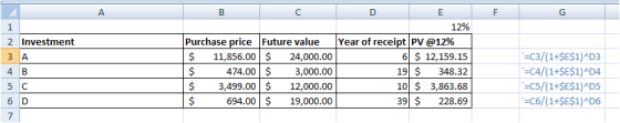 A B F G 1 2 Investment 3 A 4 B 5c 6 D 7 Purchase price Future value $ 11,856.00 $ 24,000.00 $ 474.00 $ 3,000.00 $ 3,499.00 $