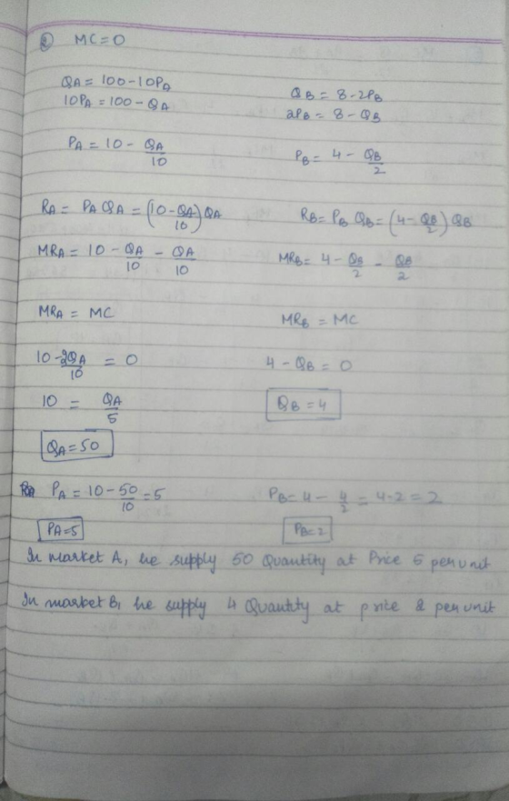 MC=0 QA = 100-10PA TOPA = 100 - BA A B = 8-216 al B = 8-QB PA = 10-DA 10 PB- 4 - QB RA PACSA = (10-04) QA 10 RB = PB CB= (4-Q