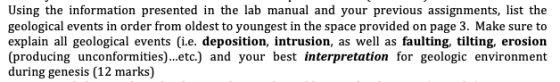 Using the information presented in the lab manual and your previous assignments, list the geological events in order from old
