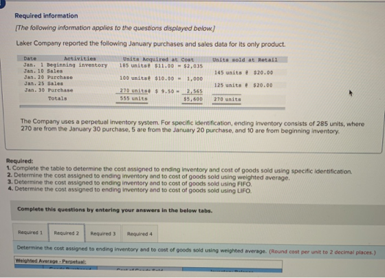 Required information (The following information applies to the questions displayed below) Laker Company reported the followin