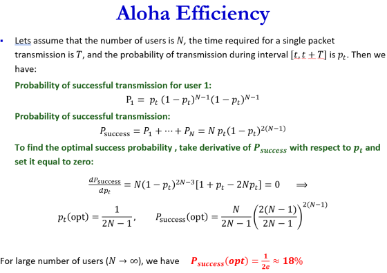 Aloha Efficiency Lets assume that the number of users is N, the time required for a single packet transmission is T, and the