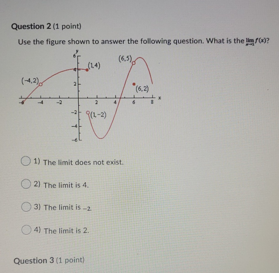 Question 2 (1 point) Use the figure shown to answer the following question. What is the lim f(x)? (6,5), (1.4) (-4,2) 2 (6,2)