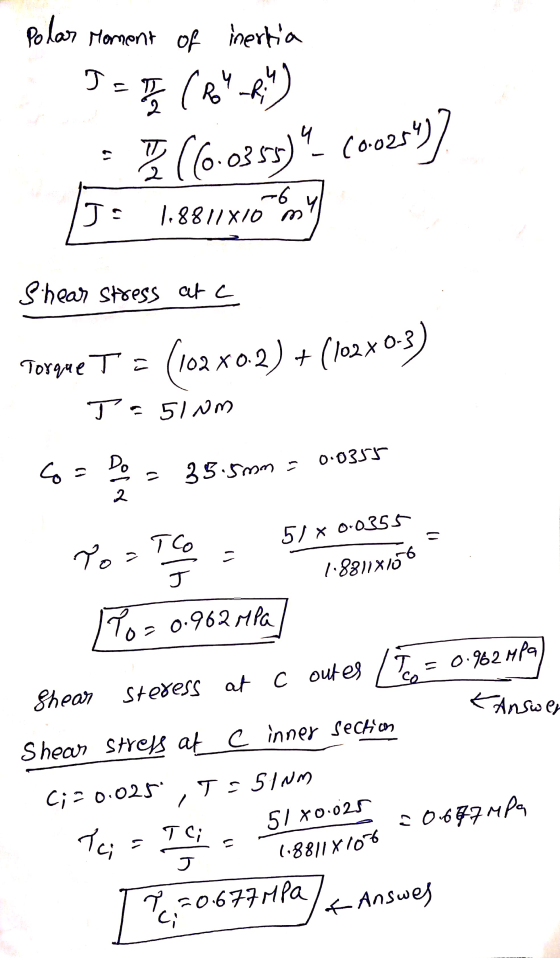 Polar Moment of inertia Da ET RY 4 17 CRYRE 1((0.0385)Coo2sy)] J: 1.8811x10 Y Shear stress at a Torque T = (102x0-2) + (102x
