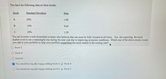 You have the following data on three stocks: Stock Standard Deviation Beta A 20% 1.00 B 14% 0.64 с 1.29 20% You are investor