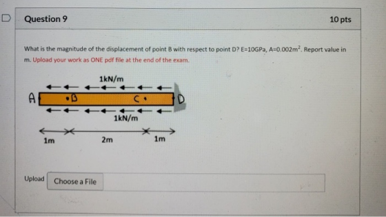 Question 9 10 pts What is the magnitude of the displacement of point B with respect to point D?E=10GPa, A=0.002mReport value