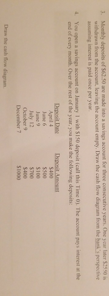 Monthly deposits of $62.50 are made into a savings account for three consecutive years. One year later $2550 is withdrawn from the account, leaving the account empty. Draw the cash flow diagram from the bank s perspective assuming interest is paid once per year 3. You open a savings account on January 1 with $150 deposit (call this Time 0). The account pays interest at the end of every month. Over the rest of the year, you make the following deposits: 4. Deposit Date April 4 June 6 une 9 July 12 October 9 December 7 Deposit Amount $400 $500 $100 $700 $400 $1000 Draw the cash flow diagram.
