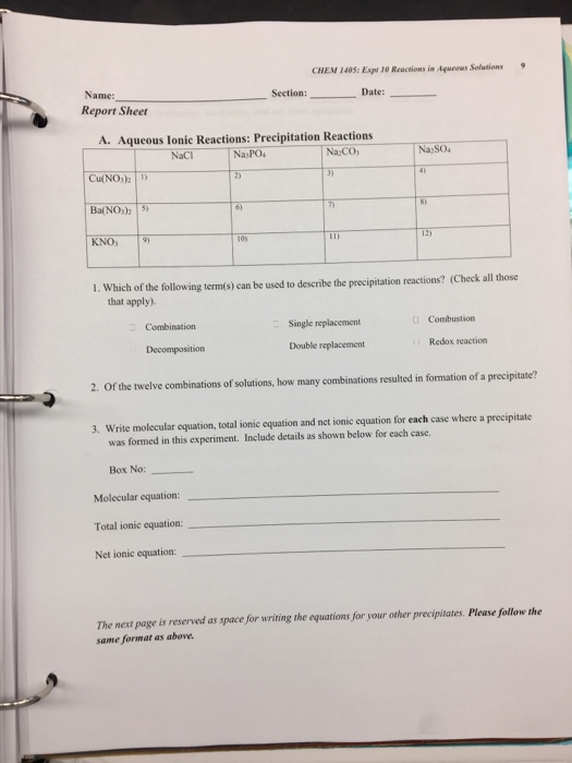 CHEM 1405: Exp 10 Reactions in Aucows Solutions Section: Date: Name: Report Sheet Na SO A. Aqueous lonie Reactions: Precipita