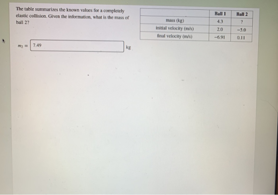The table summarizes the known values for a completely elastic collision. Given the information, what is the mass of ball 27