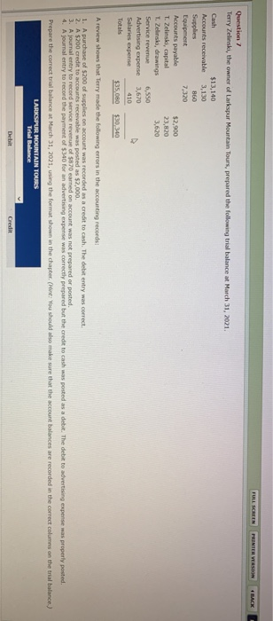 FULL SCREEN PREMIER VERSION BACK Question 7 Terry Zelinski, the owner of Larkspur Mountain Tours, prepared the following tria