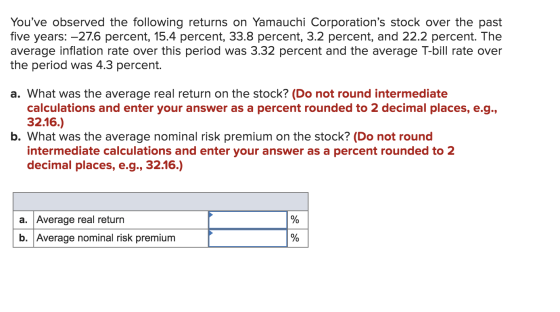 Youve observed the following returns on Yamauchi Corporations stock over the past five years: -27.6 percent, 15.4 percent,