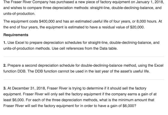 The FraserRiver Company has purchased a new piece of factory equipment on January 1, 2018, and wishes to compare three depreciation methods: straight-line, double-declining-balance, and units-of-production The equipment costs $400,000 and has an estimated useful life of four years, or 8,000 hours. At the end of four years, the equipment is estimated to have a residual value of $20,000. Requirements 1. Use Excel to prepare depreciation schedules for straight-line, double-declining-balance, and units-of-production methods. Use cell references from the Data table. 2. Prepare a second depreciation schedule for double-declining-balance method, using the Excel function DDB. The DDB function cannot be used in the last year of the assets useful life. 3. At December 31, 2018, Fraser River is trying to determine if it should sell the factory equipment. Fraser River will only sell the factory equipment if the company earns a gain of at least $6,000. For each of the three depreciation methods, what is the minimum amount that Fraser River will sell the factory equipment for in order to have a gain of $6,000?