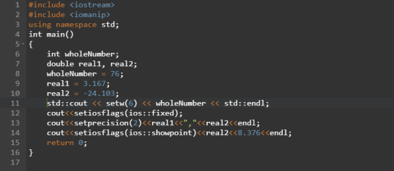 1 #include iostream» #include iomanip> 3 using namespace std; 4 int main 6 int wholeNumber double reall, real2; wholeNumber =