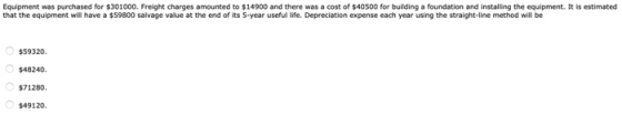 Equipment was purchased for $301000. Freight charges amounted to $14900 and there was a cost of $40500 for building a foundat