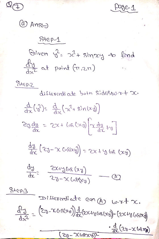 Q© page-1 @ Ans! Step-1 Given y? x²+ sinsy to find dy at point Arian) doc? Step-2 differenticete both sidesworot x. slt sin(x