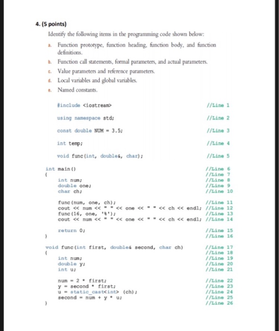 4. (5 points) Identify the following items in the programming code shown below: a. Function prototype, function heading, func