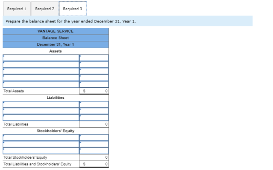 Required 1 Required 2 Required 3 Prepare the balance sheet for the year ended December 31, Year 1. VANTAGE SERVICE Balance Sh