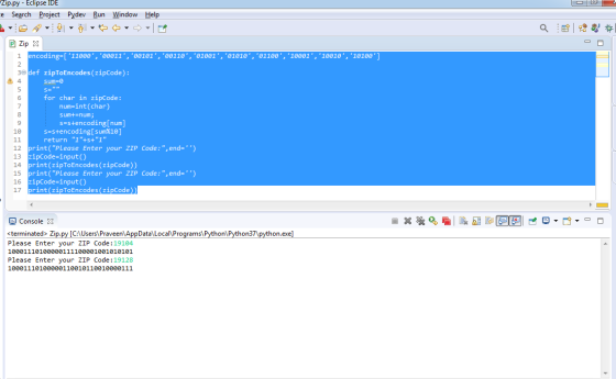 Zip.py - Eclipse IDE ce Search Project Pydev Run Window Help O !- - * - - - D Zip X i encoding=[11000, 20011, 00101,00