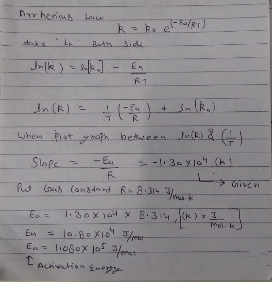 Arr henius Law k =Ro eEa/RT) Aake Sidi Buth - Jn(k) Ea RT Jn(Re) n(k) -Ea R when Plot gbaph betwee tn(R) - Ea Slope 130 X10 (