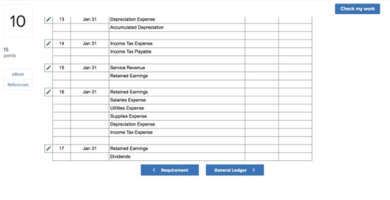 Check my work Jan 31 13 Depreciation Expense Accumulated Depreciation Income Tax Expense Jan 31 15 Income Tax Payable points