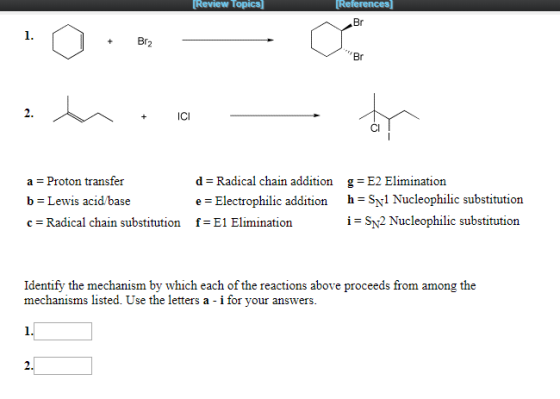 Review Topics References] Br 1. Br2 Br ICI a Proton transfer Radical chain addition g = E2 Elimination d h Syl Nucleophilic s