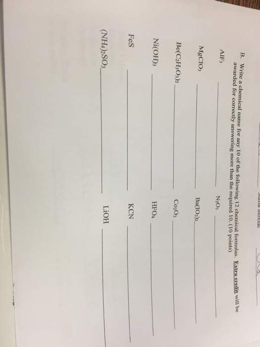 Write a chemical name for any 10 of the foll awarded for correctly answering more than the required 10. (10 points) owing 12