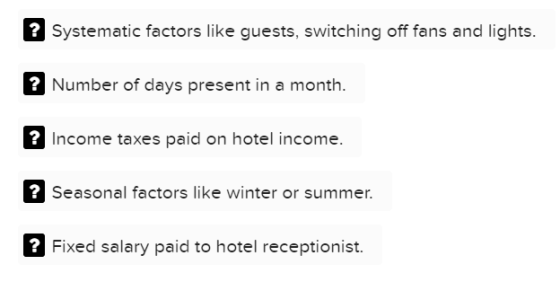 ? Systematic factors like guests, switching off fans and lights. ? Number of days present in a month. ? Income taxes paid on