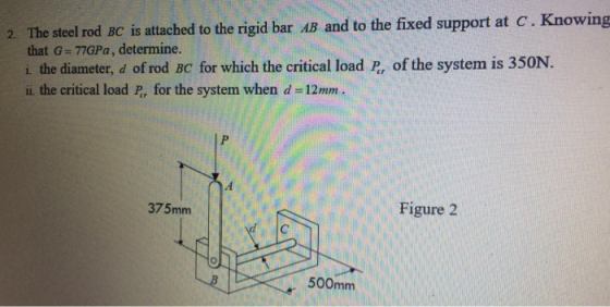 2 The steel rod BC is attached to the rigid bar AB and to the fixed support at C. Knowing that G= 77GPa, determine. i the dia