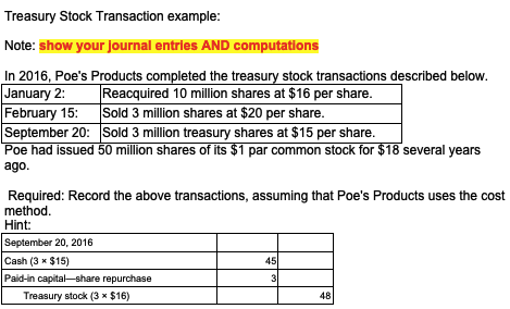 Treasury Stock Transaction example: Note: show your journal entries AND computations In 2016, Poes Products completed the tr