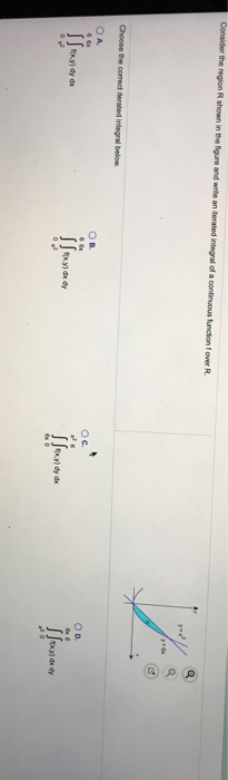 Consider the region R shown in the figure and write an erated integral a continuous function for Choose the correct terated i