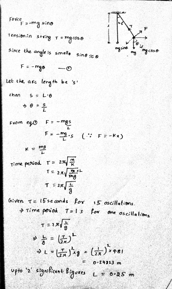 tension in String Tsma cos θ Since the anle s smal sine x o Sine Let the asc leng th be s then s=L,θ ㄥ Time period. T= 25 iven T- 15se onds Por 15 oscillations Time poo T o one oscilla tiens 70 O.2t323 m