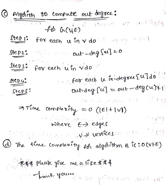 © Algorith to compute out degree: fos GCVE) Step li for each u in v do a does not Step2: no han out-deg [ee] =0 Step 3% for e