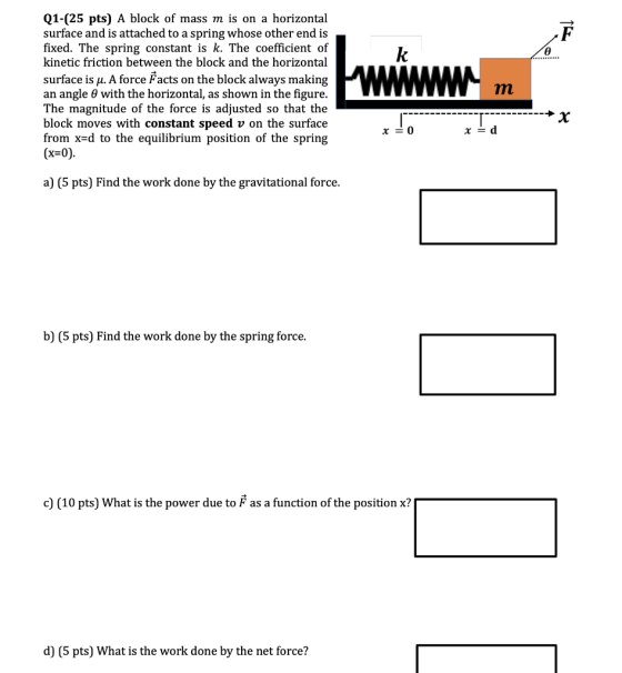 Q1-(25 pts) A block of mass m is on a horizontal surface and is attached to a spring whose other end is fixed. The spring con